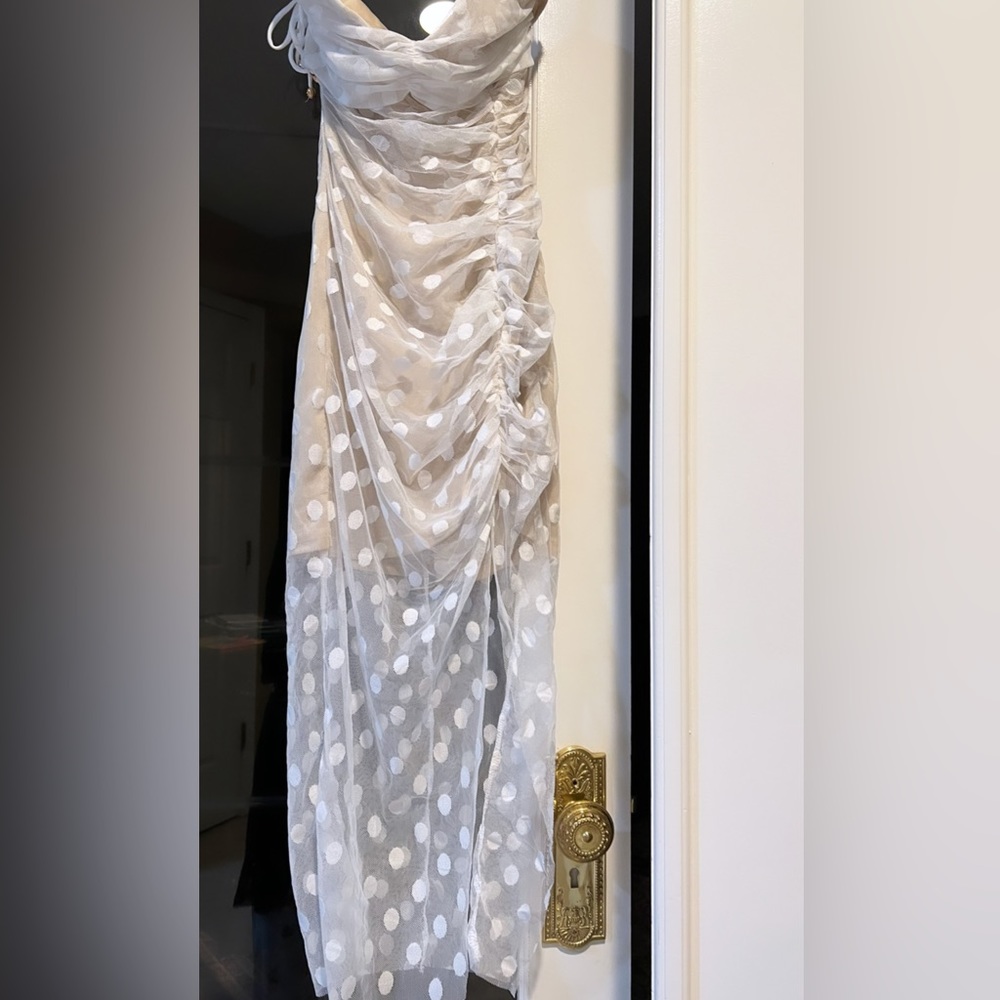 FIRST AVENUE TIED STRAP MESH MIDI DRESS POLKA DOT WHITE - Picture 3 of 4